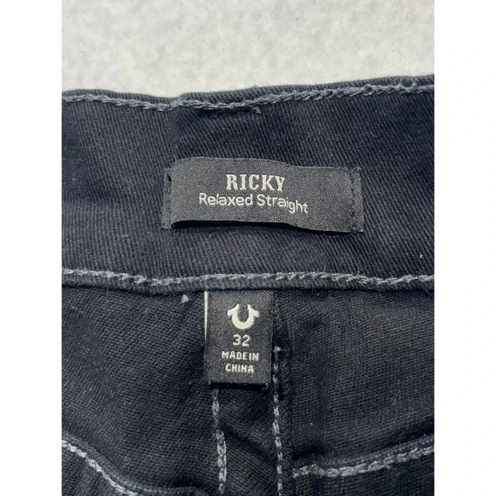 True Religion Ricky Relaxed Straight Jeans Mens 32x32 Black Dark Wash Stretch